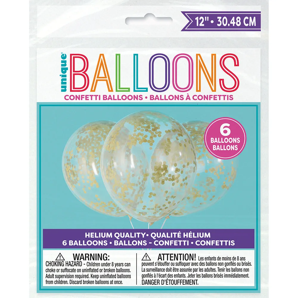 12 inch CLEAR BALLOONS WITH GOLD CONFETTI BALLOON (6 PK)