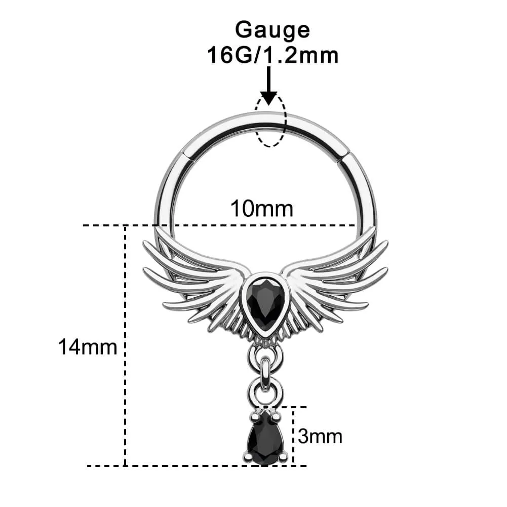 16G Hawk Wings Black CZ Gem Dangle Hinged Segment Septum Ring