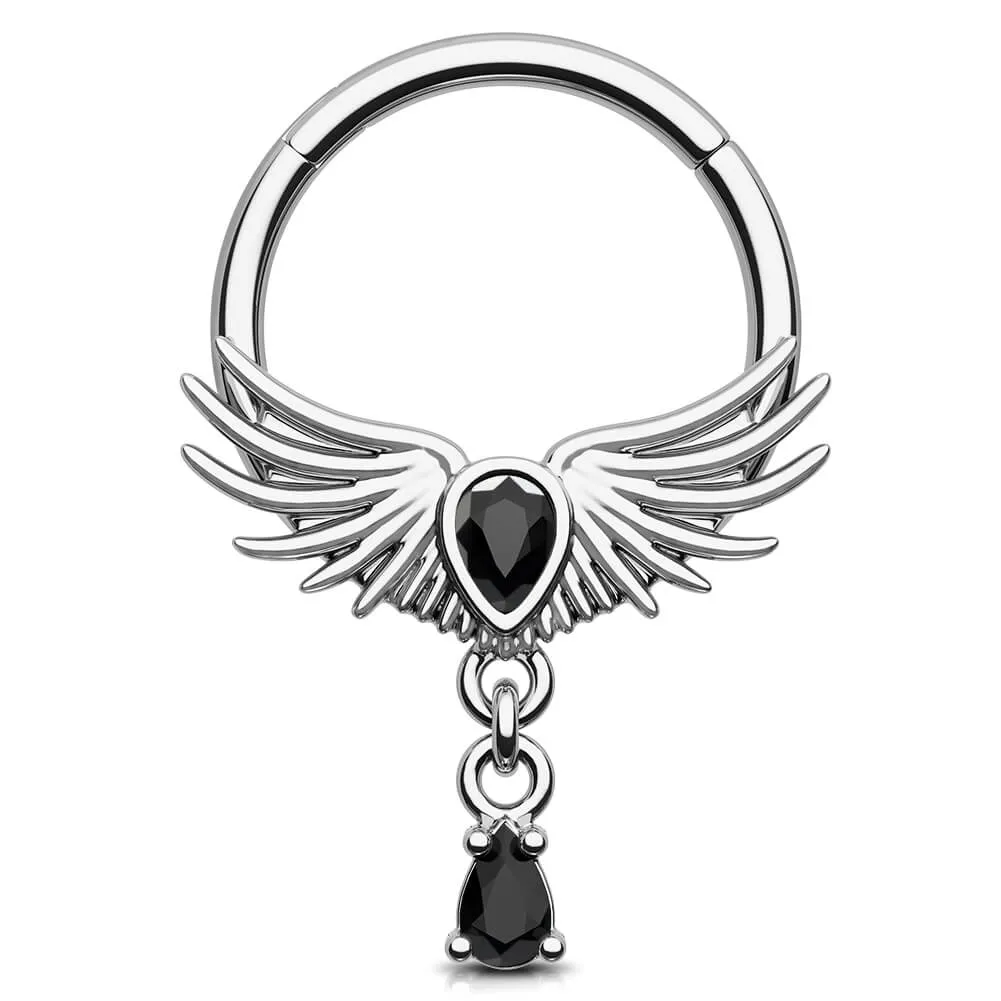 16G Hawk Wings Black CZ Gem Dangle Hinged Segment Septum Ring