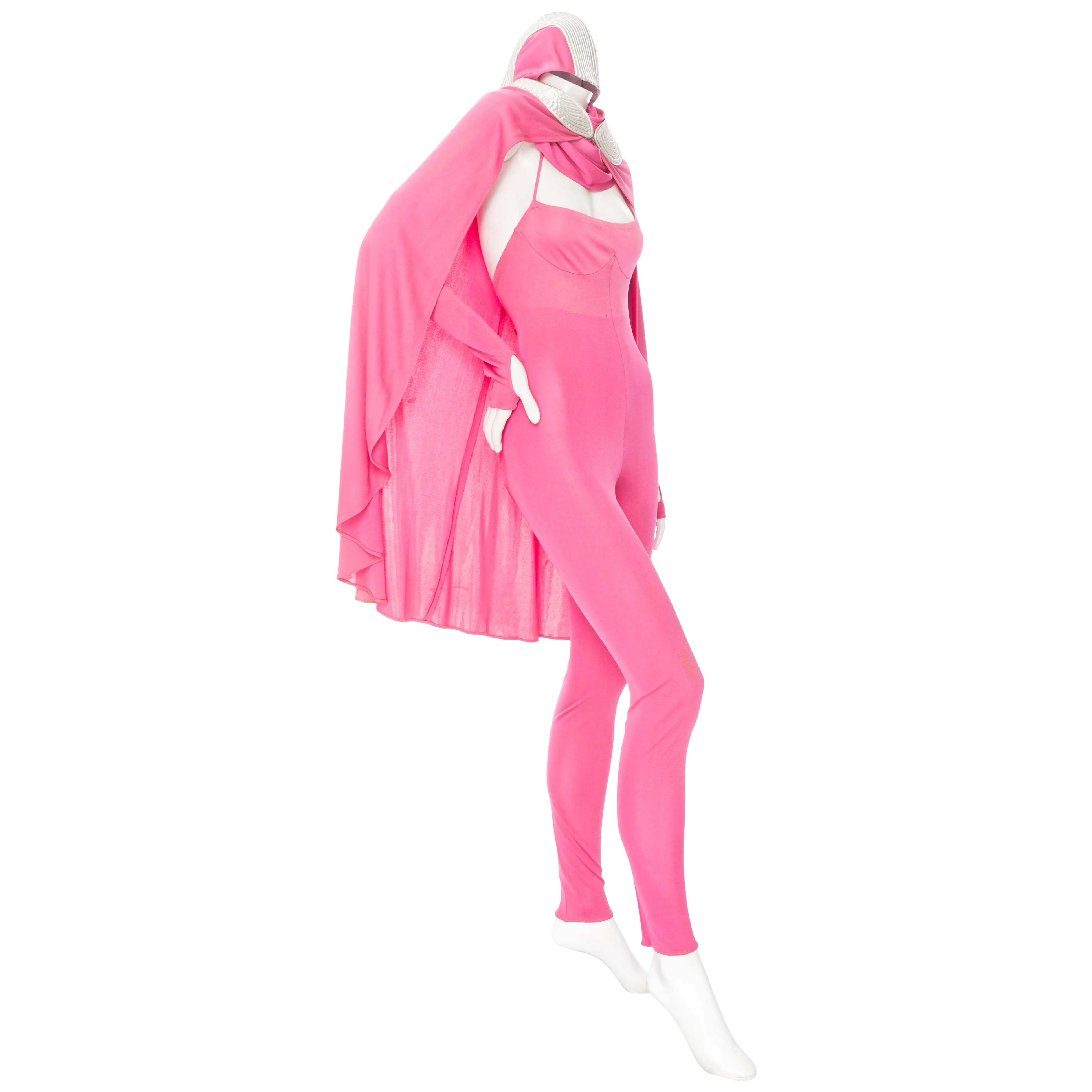 1979 Pink and Silver Futuristic Unitard Cape Ensemble