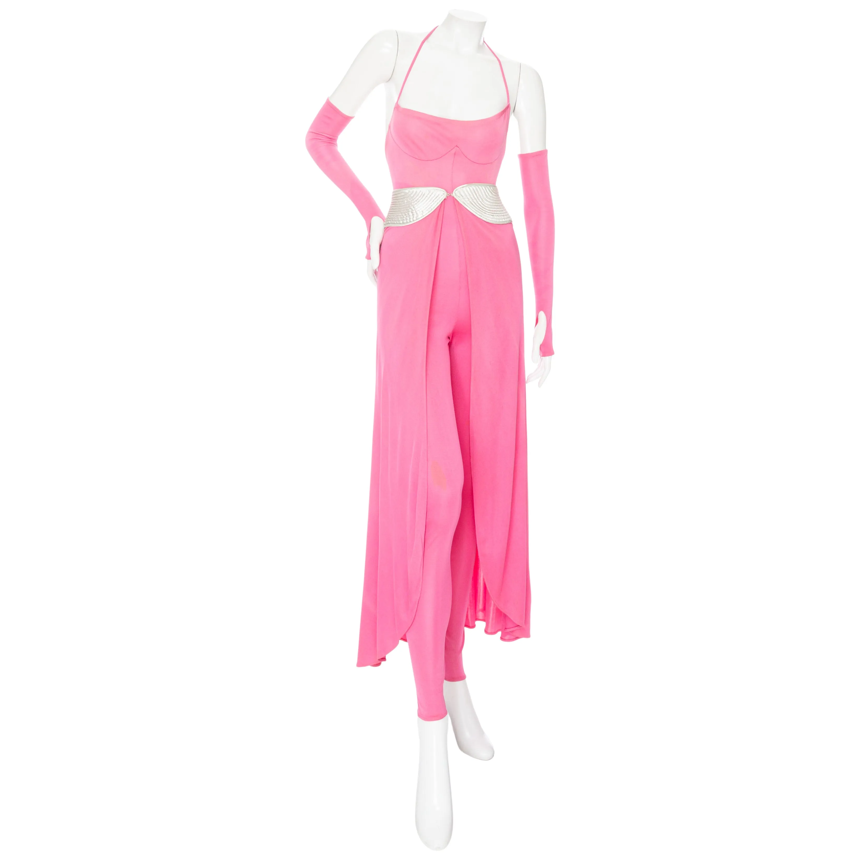 1979 Pink and Silver Futuristic Unitard Cape Ensemble