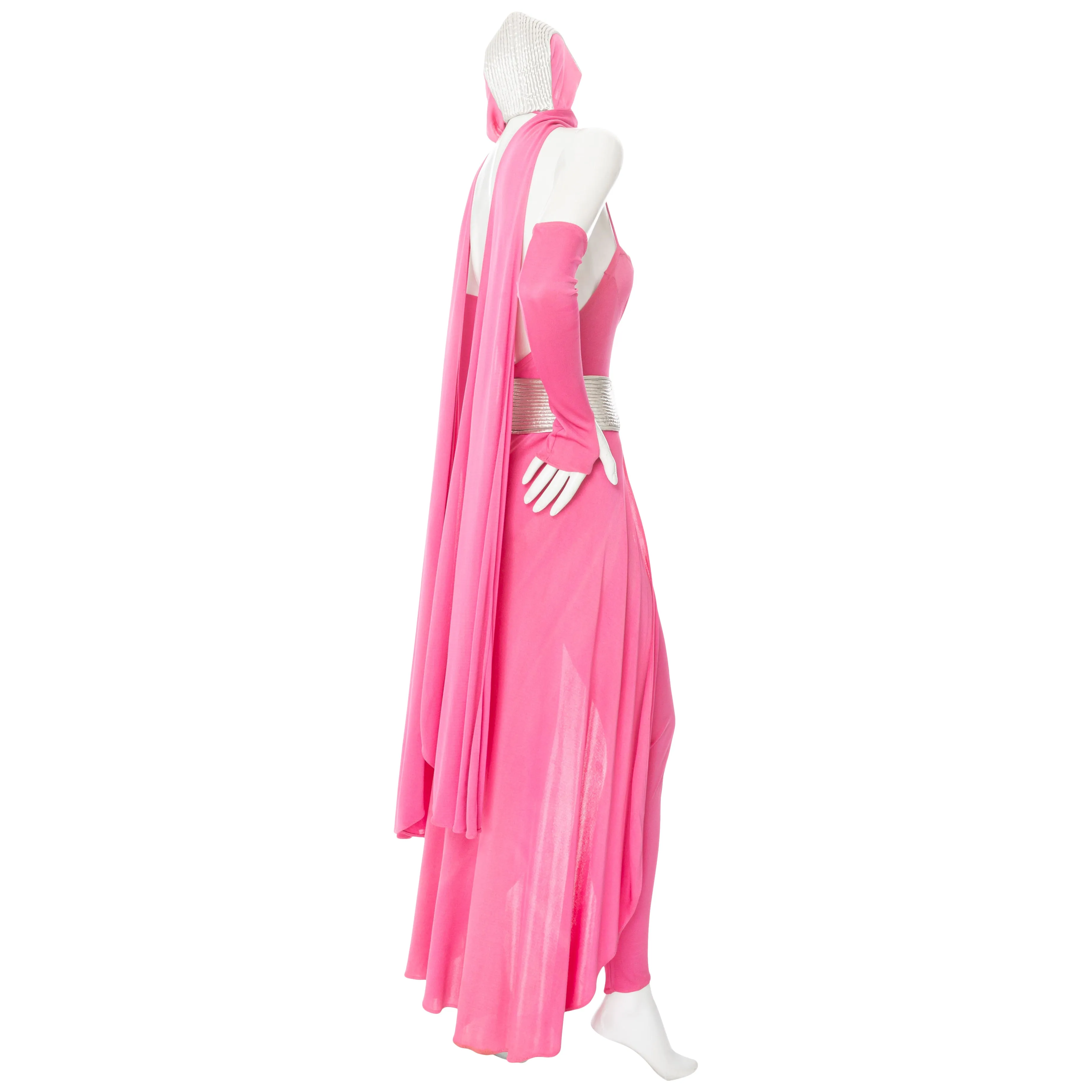 1979 Pink and Silver Futuristic Unitard Cape Ensemble