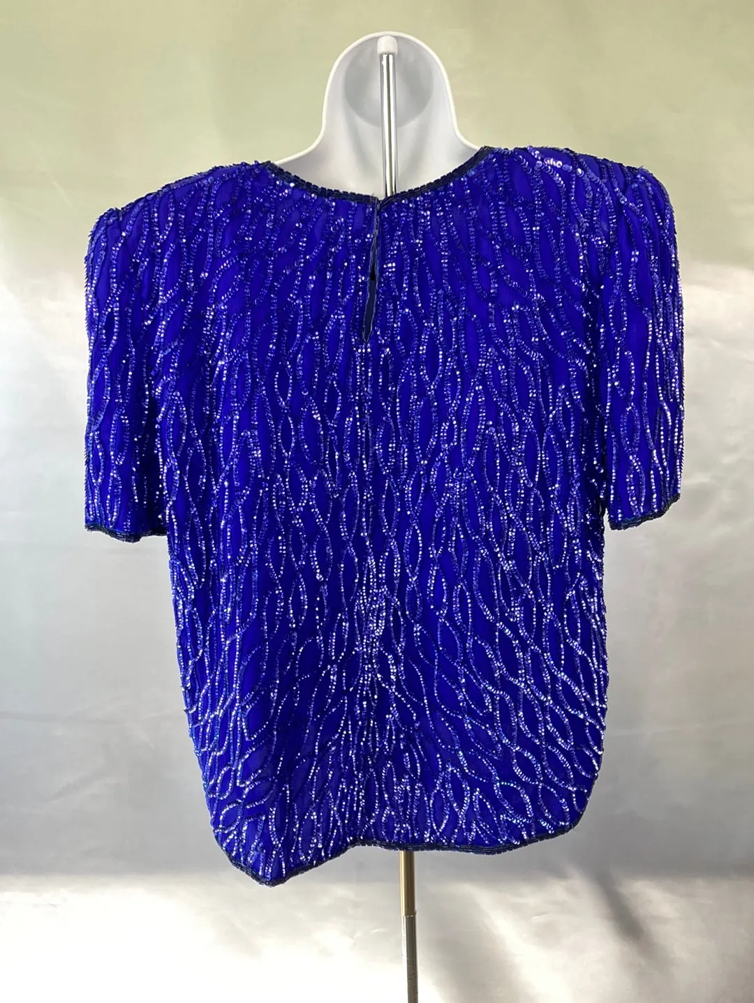 1980's Blue Silk Sequin Laurence Kazar Vintage Top Women's Size PXL