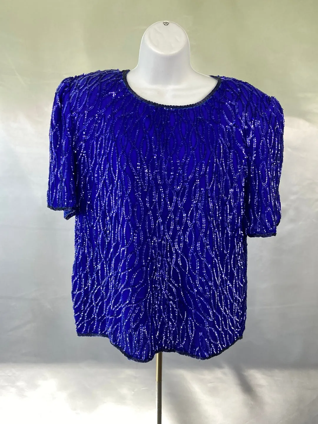 1980's Blue Silk Sequin Laurence Kazar Vintage Top Women's Size PXL