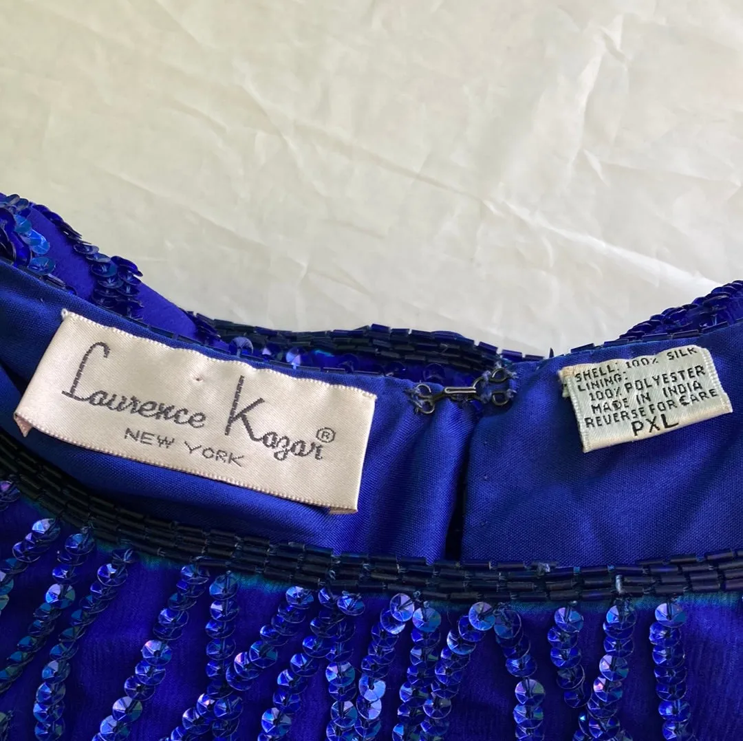 1980's Blue Silk Sequin Laurence Kazar Vintage Top Women's Size PXL