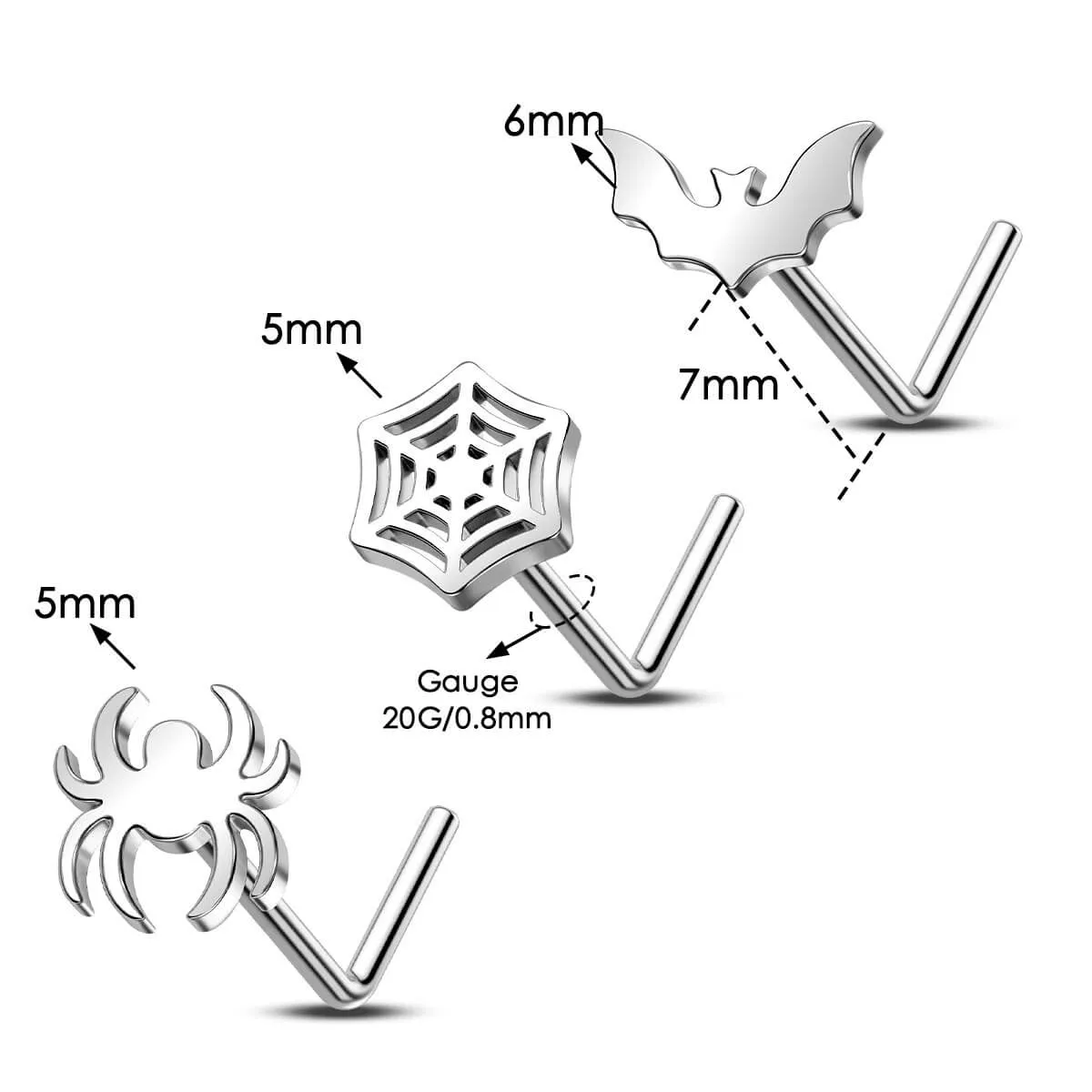 20G 3PCS Flat Spider/Spider Web/Bat L-Shaped Nostril Studs Set