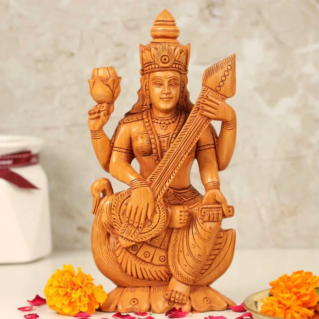 6 Inches Goddess Saraswati Wooden Idol - Decorative Statue