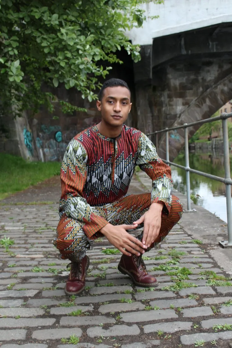 African Suit in Orange Red Print - Aztec Festival Outfit