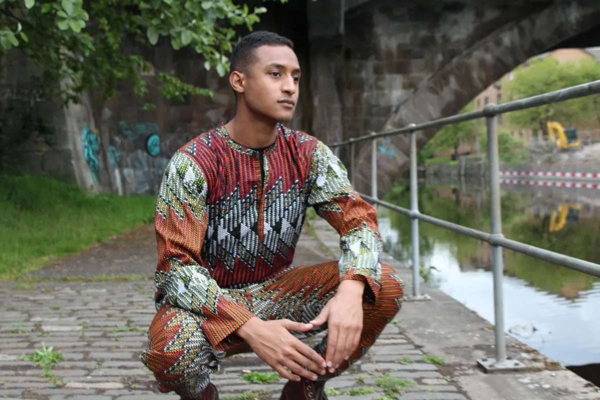 African Suit in Orange Red Print - Aztec Festival Outfit