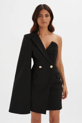 AIRE Boned One Shoulder Cape Blazer Dress in Black