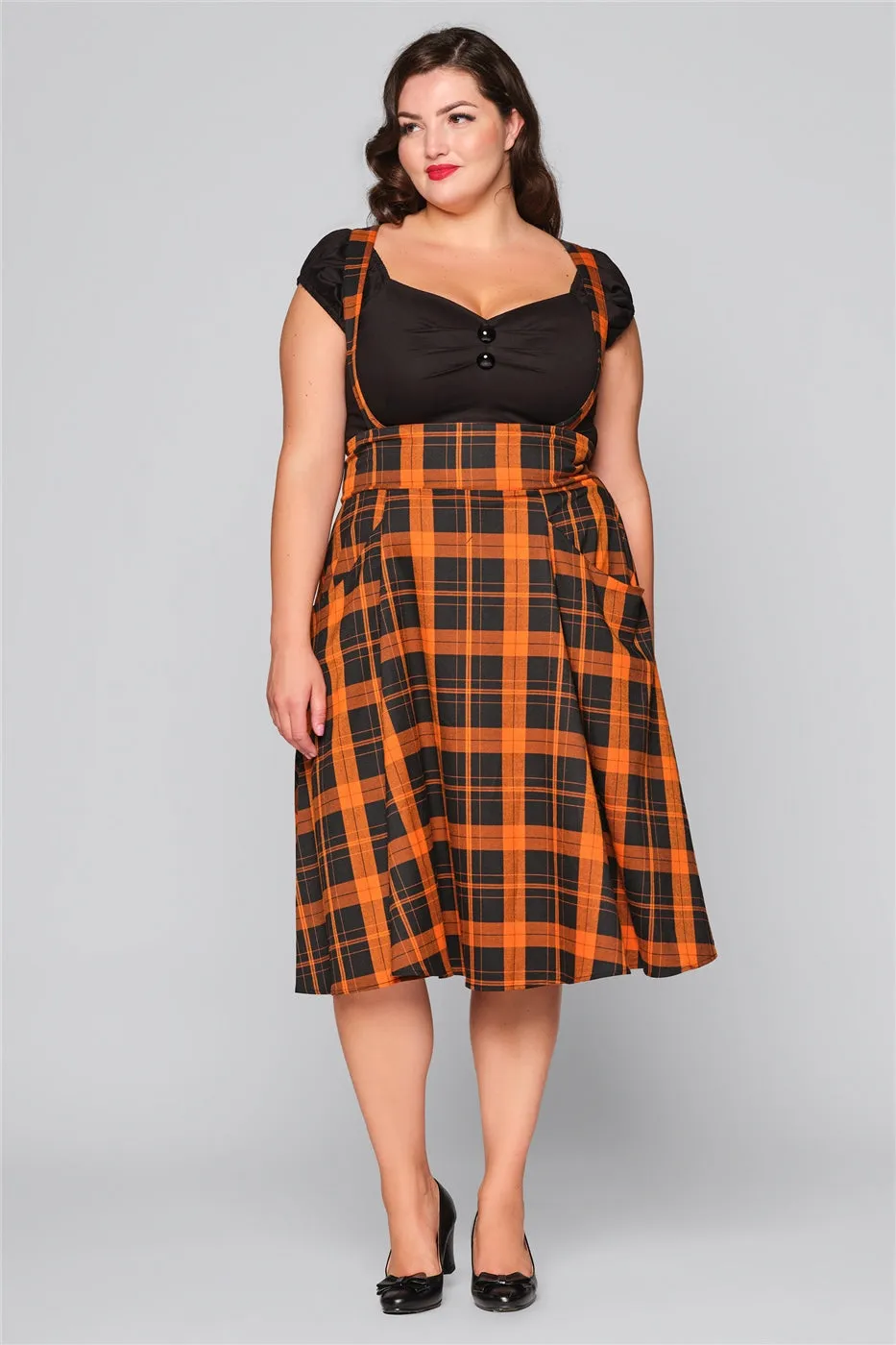 Alexa Black and Orange Pumpkin Check Suspender Skirt