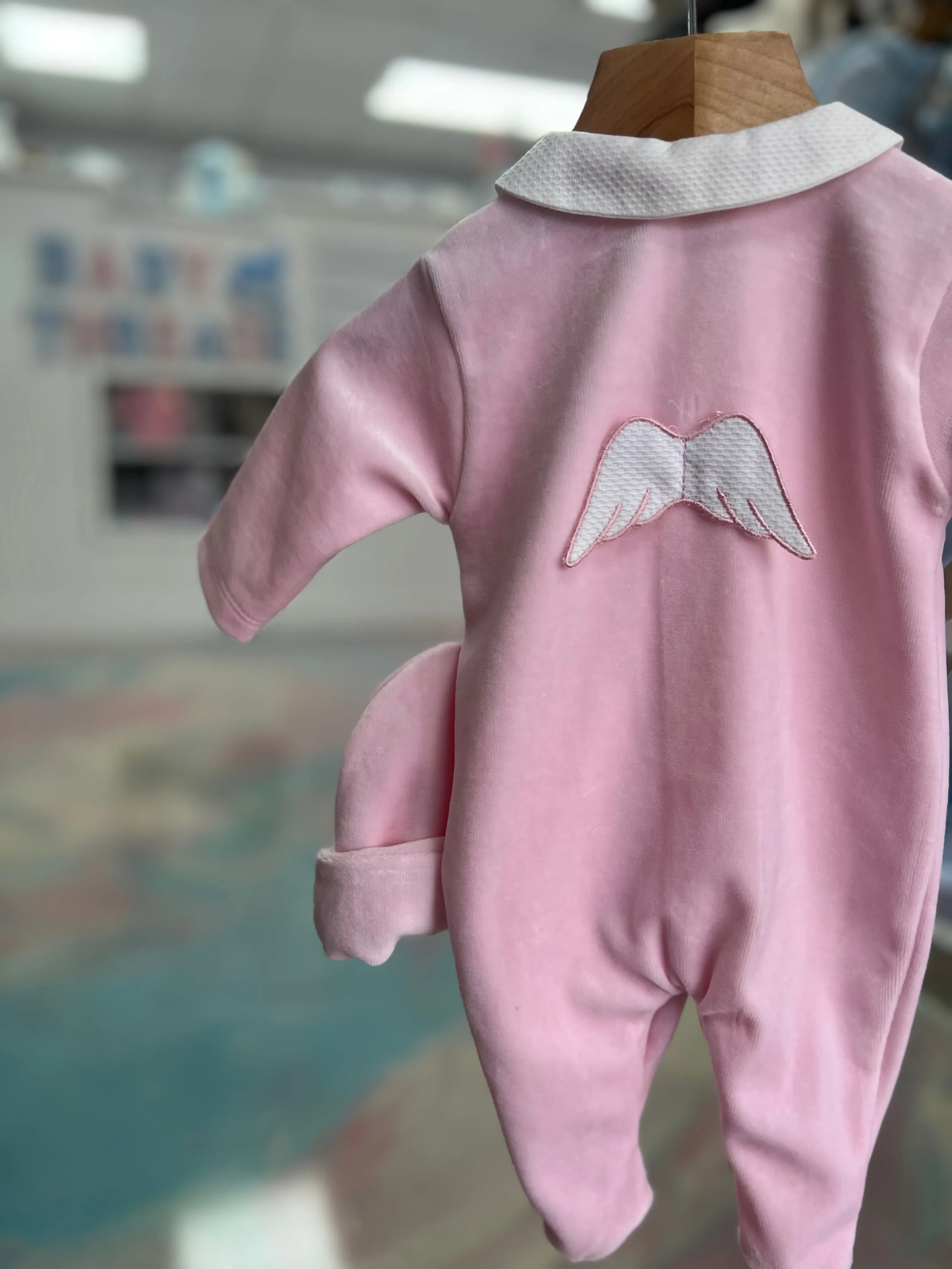 Angel wings pink velour sleepsuit