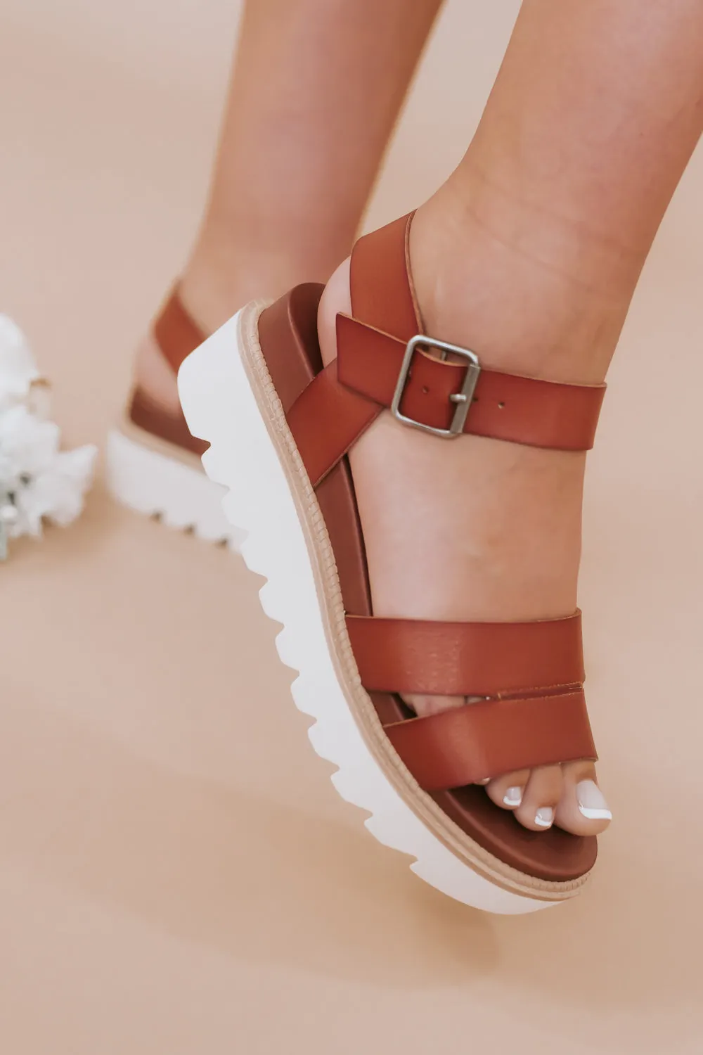 Ankle Strap Platform Wedge  Sandal, Cognac