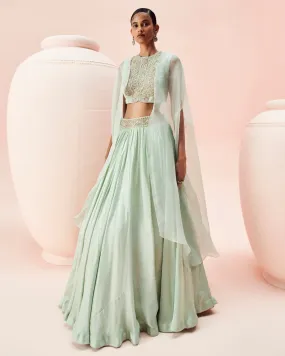 Aqua Lehenga And Cape Set