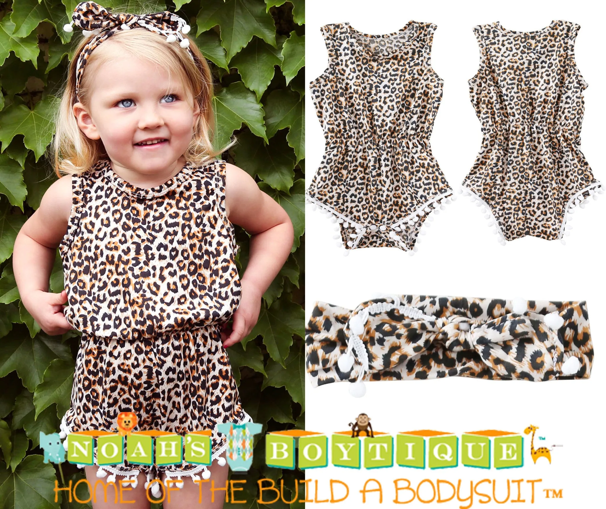 Baby Girl Leopard Pom Pom Romper with Headband