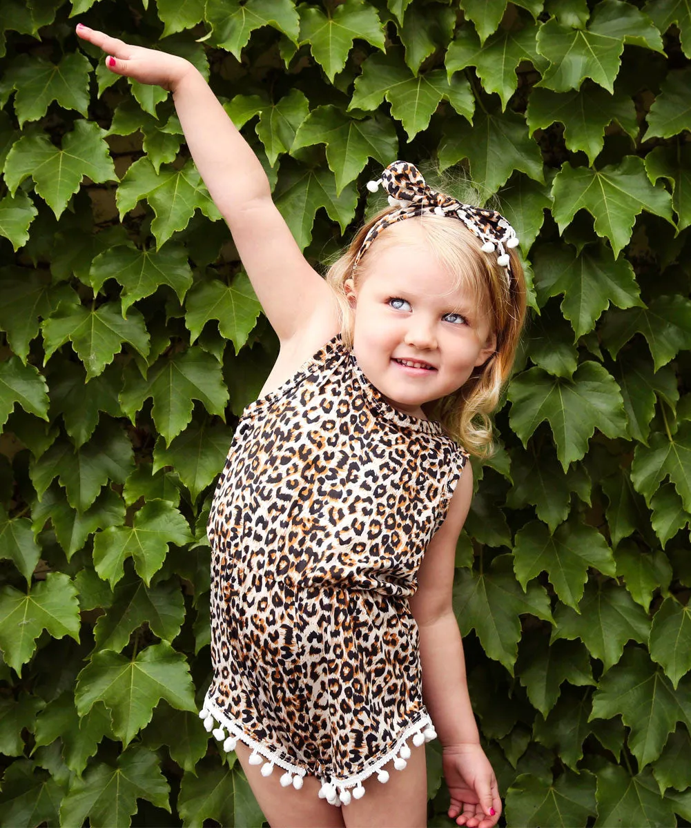 Baby Girl Leopard Pom Pom Romper with Headband