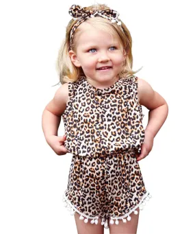 Baby Girl Leopard Pom Pom Romper with Headband