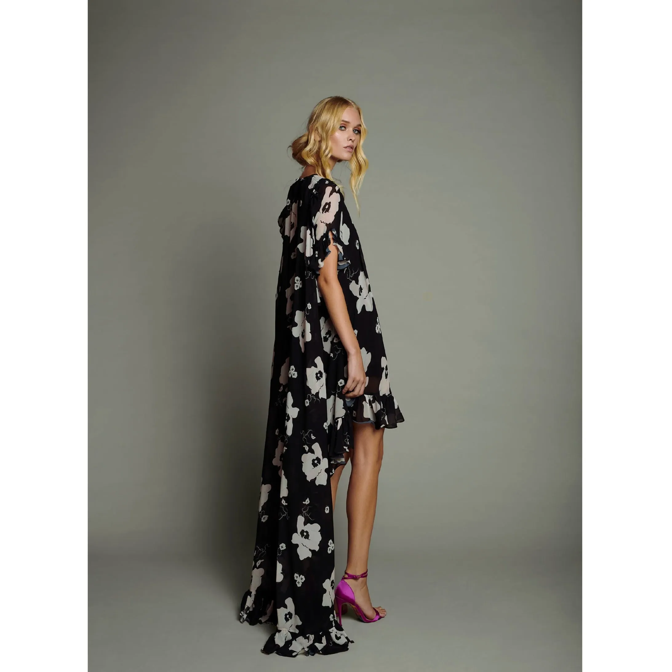 Black and Pink Chiffon Ruffled Cape Dress