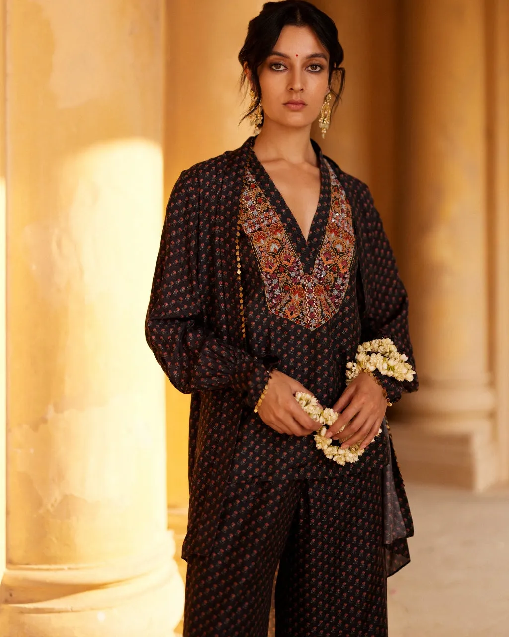 Black Embroidered Printed Tunic Set With Cape