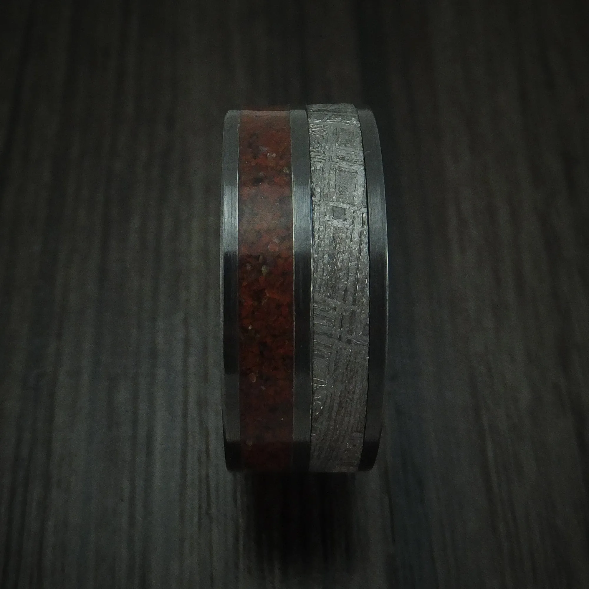 Black Titanium Mixed Dinosaur Bone And Gibeon Meteorite Men's Ring Custom Made Fossil Band