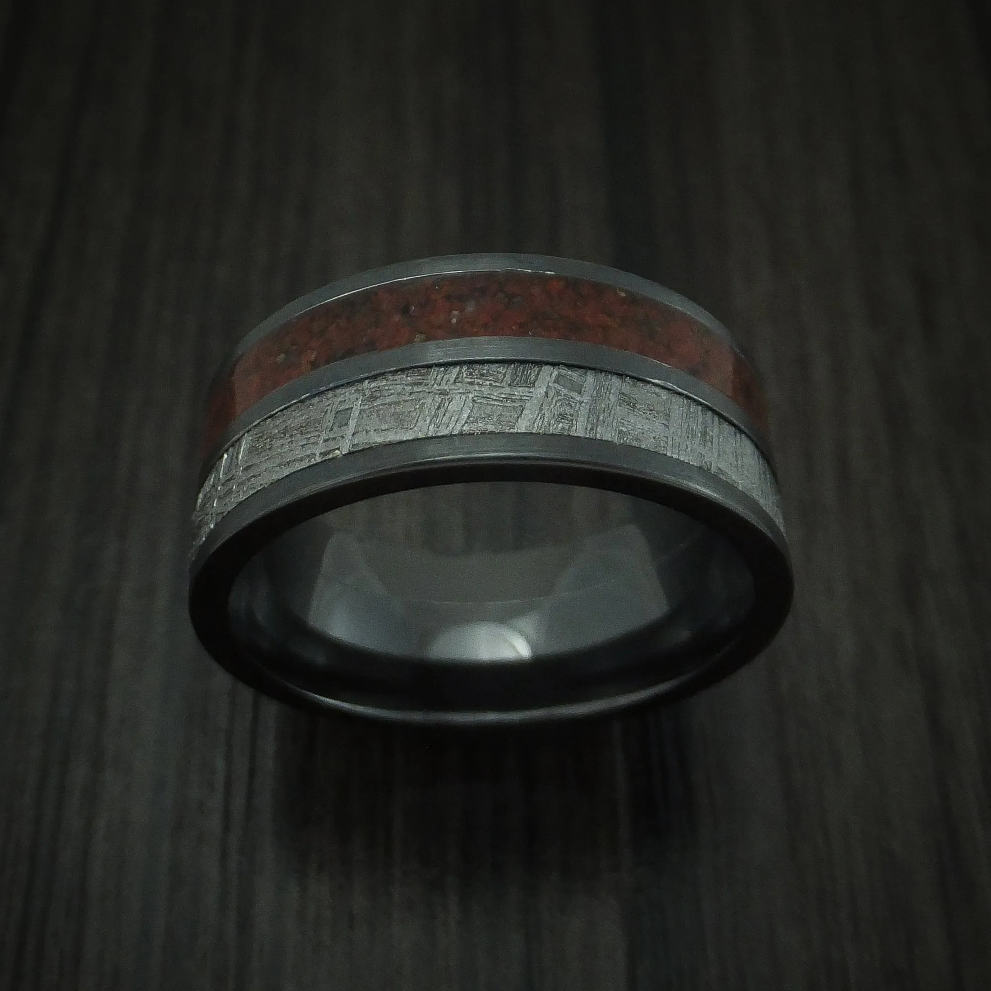 Black Titanium Mixed Dinosaur Bone And Gibeon Meteorite Men's Ring Custom Made Fossil Band