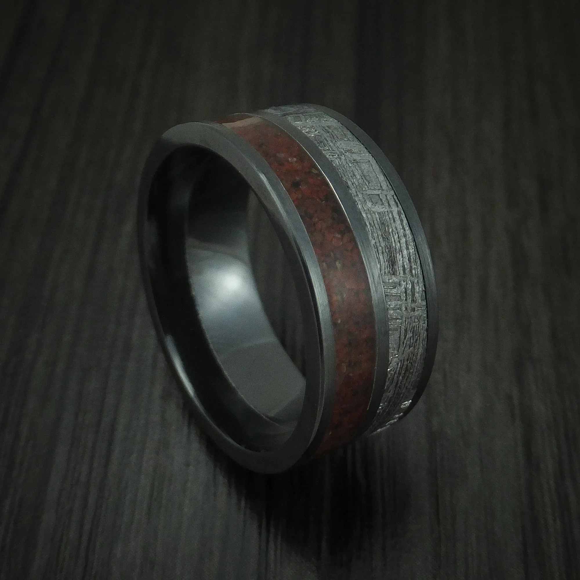 Black Titanium Mixed Dinosaur Bone And Gibeon Meteorite Men's Ring Custom Made Fossil Band