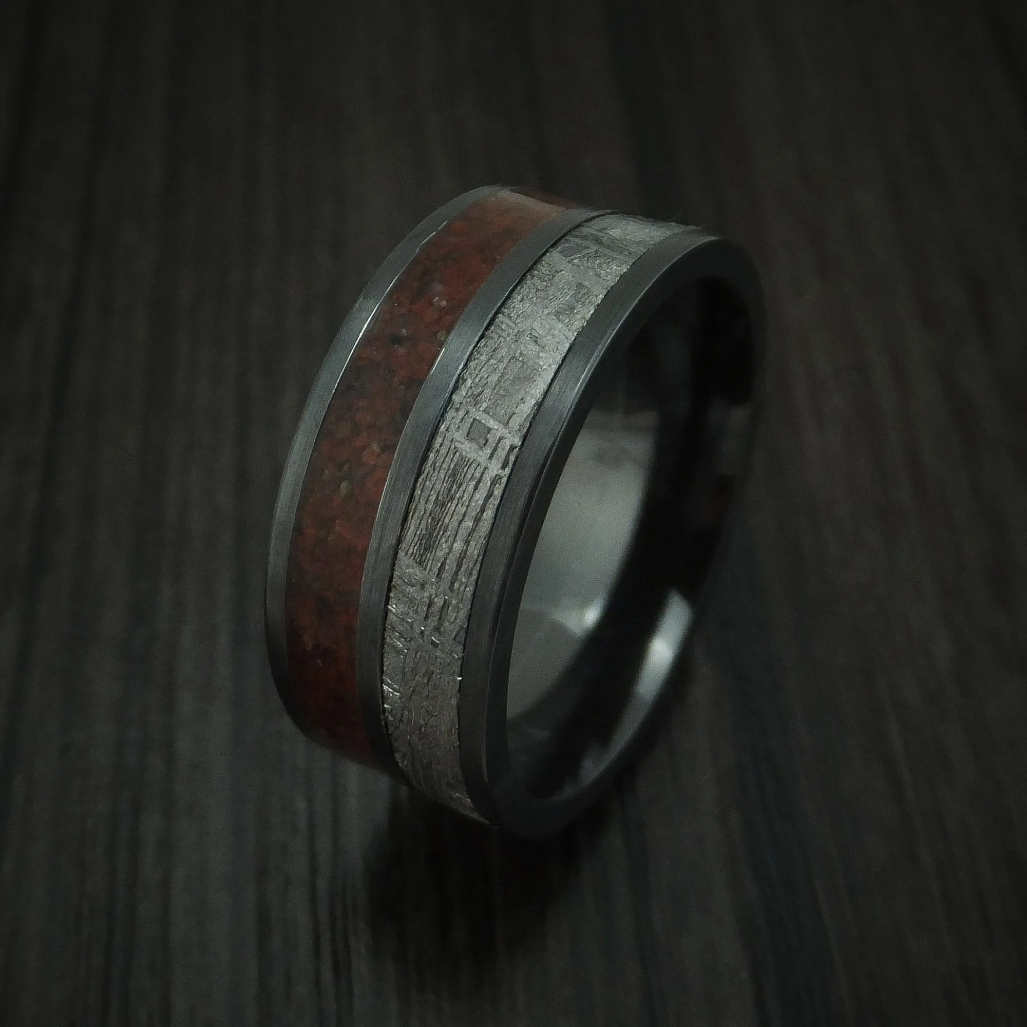 Black Titanium Mixed Dinosaur Bone And Gibeon Meteorite Men's Ring Custom Made Fossil Band