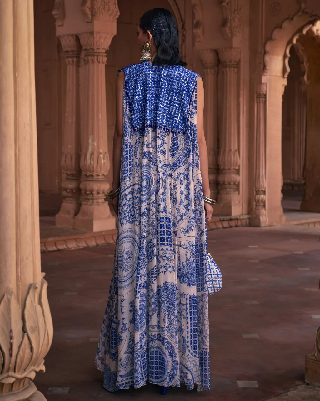 Blue Thikri Print and Highlighted Cape Set