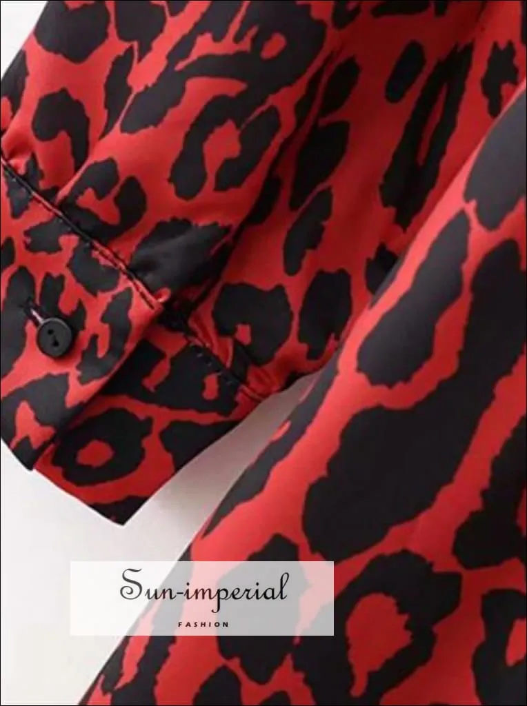 Bow Tie Collar Leopard Print Pleated Dress Red Animal Pattern Elastic Waist Long Sleeve Knee