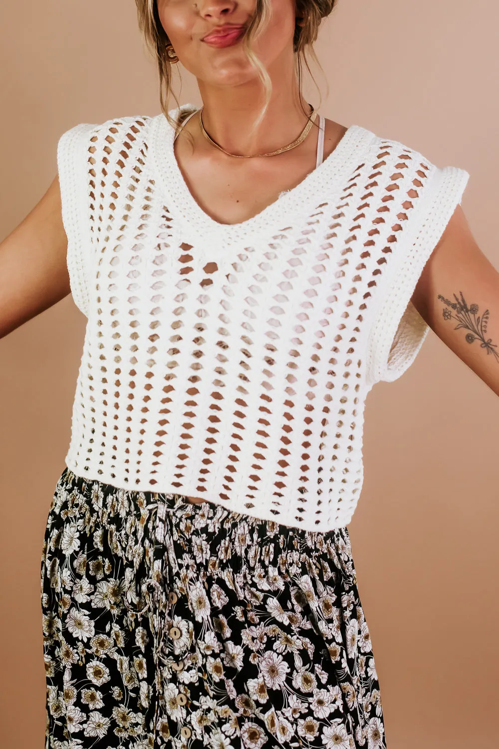 BY TOGETHER: Crochet Knit Top, Cream