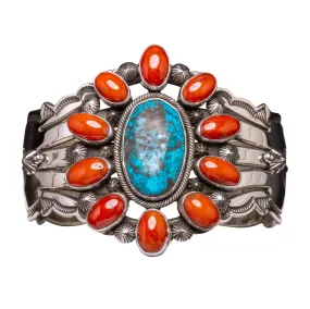 Coral Flower & Spiderweb Kingman Bracelet | Aaron Toadlena