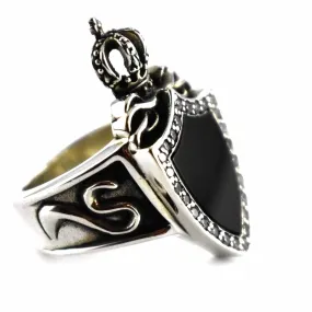 Crown & Shield silver ring with onyx silver ring