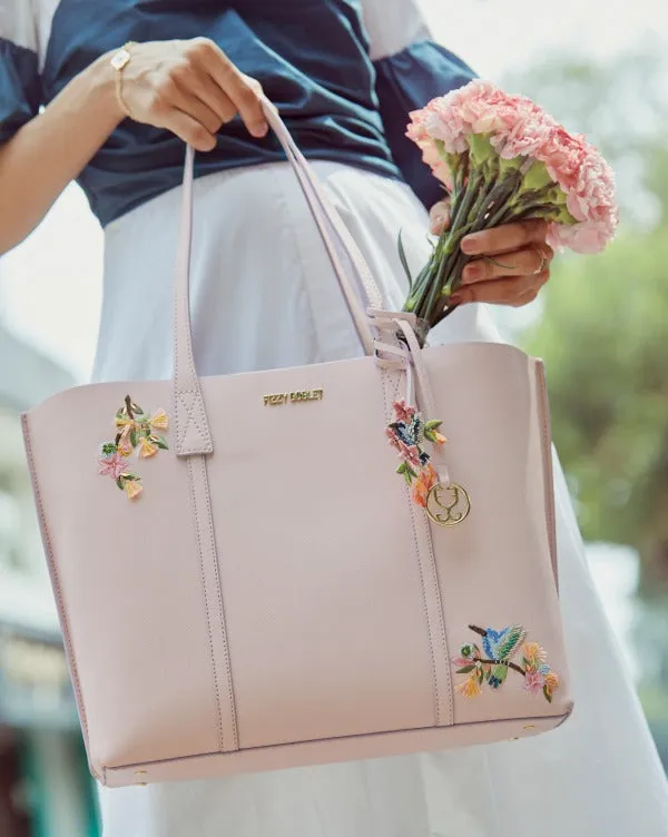 Fizzy Tote Leather : Blush Pink (With hummingbird and floral embroidery)