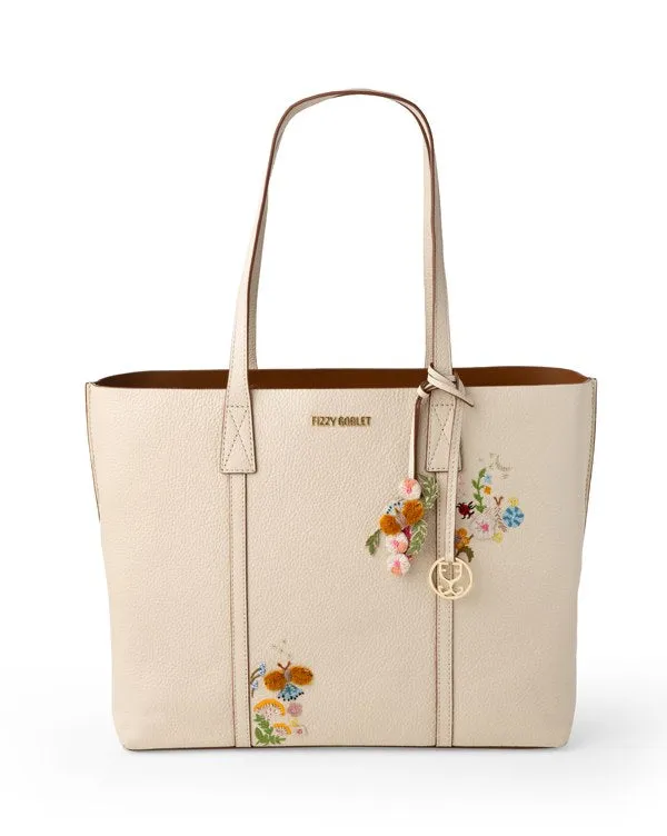 Fizzy Tote Leather : Cream (With honeybee and floral embroidery)