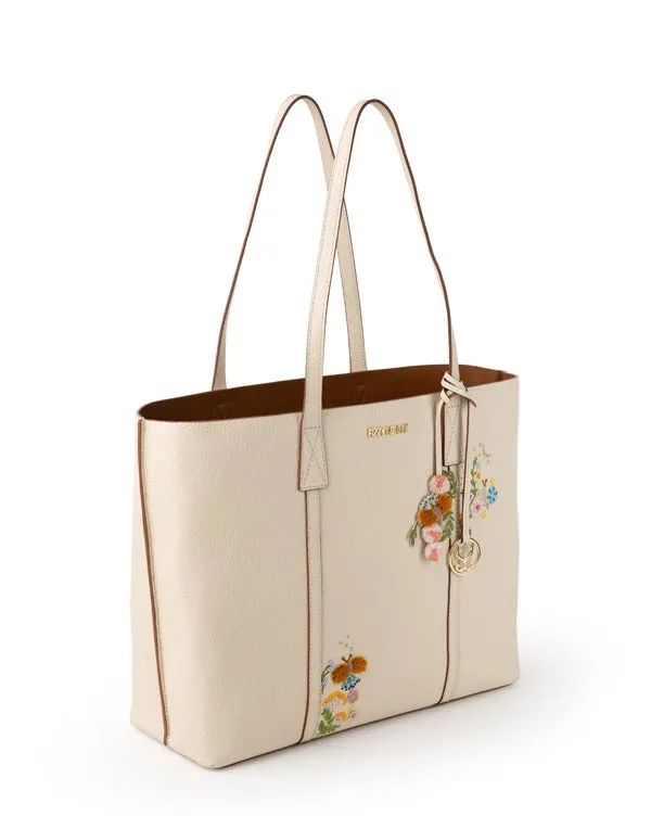 Fizzy Tote Leather : Cream (With honeybee and floral embroidery)