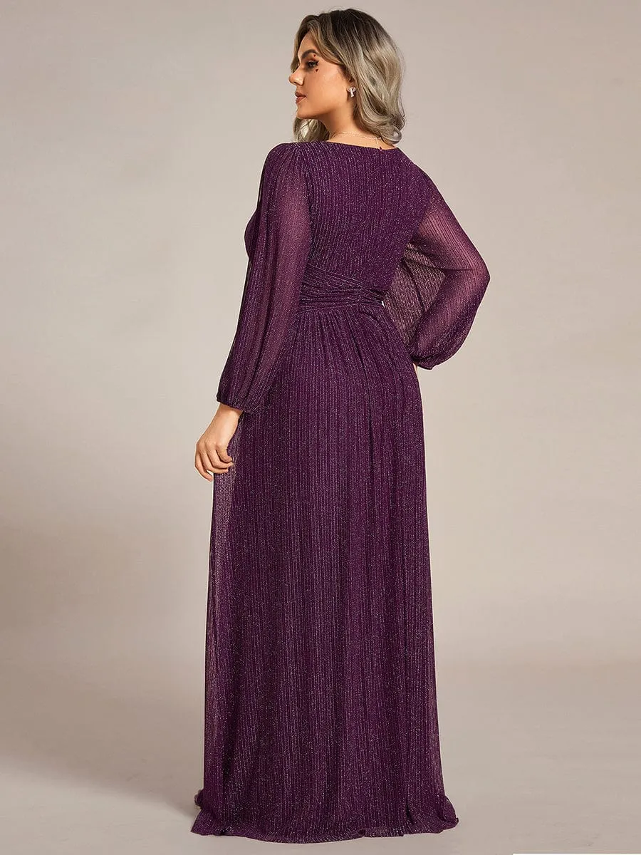 Glittery Empire Waist Long Lantern Sleeves A-Line Evening Dress