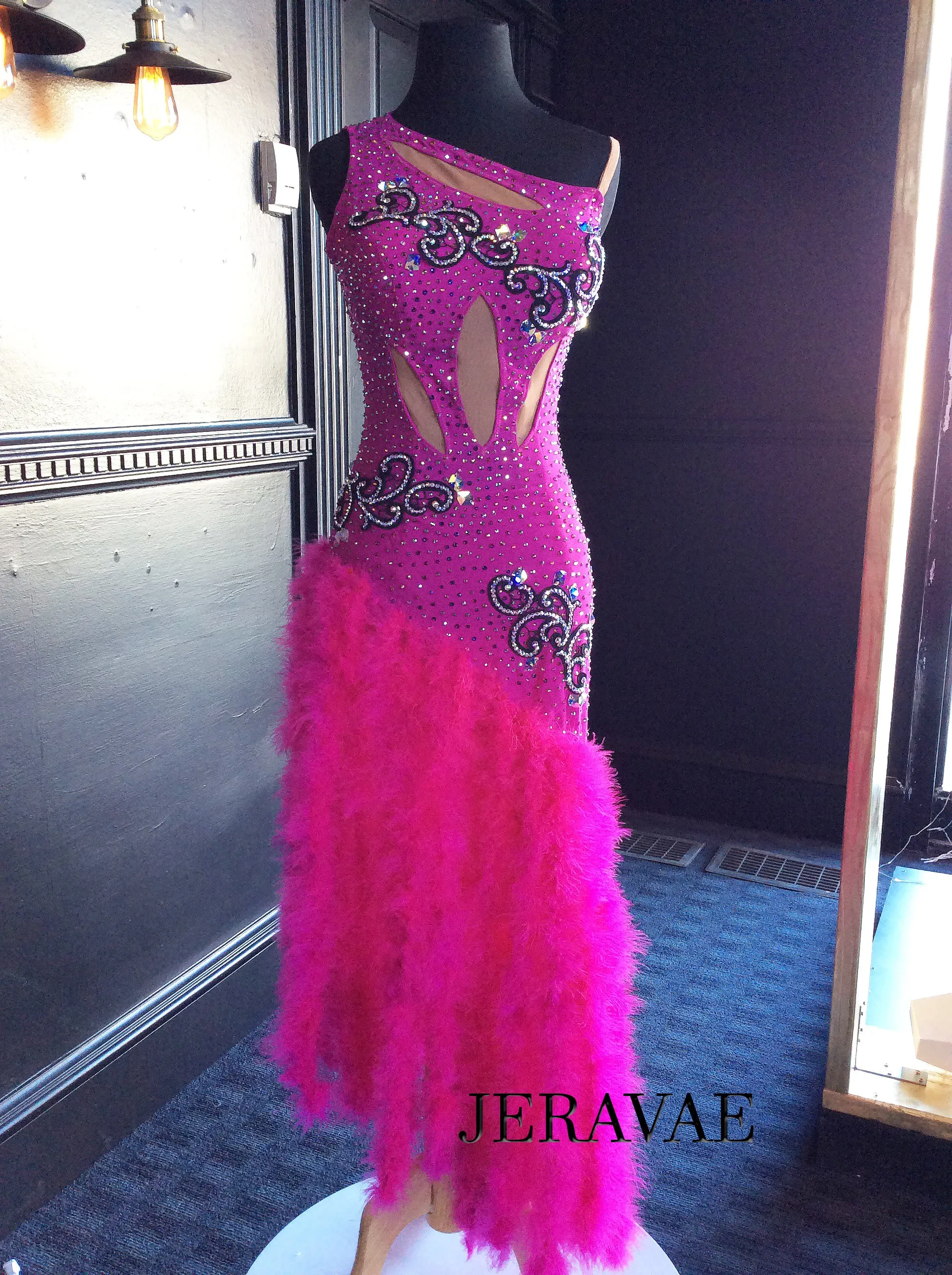 Hot Pink Latin Dress with Black Lace Appliques and Swarovski Stones. Feather skirt and Mesh Cutouts Lat136