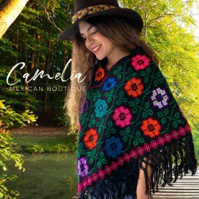 Mexican Cape Poncho Cross Stitch Black Floral