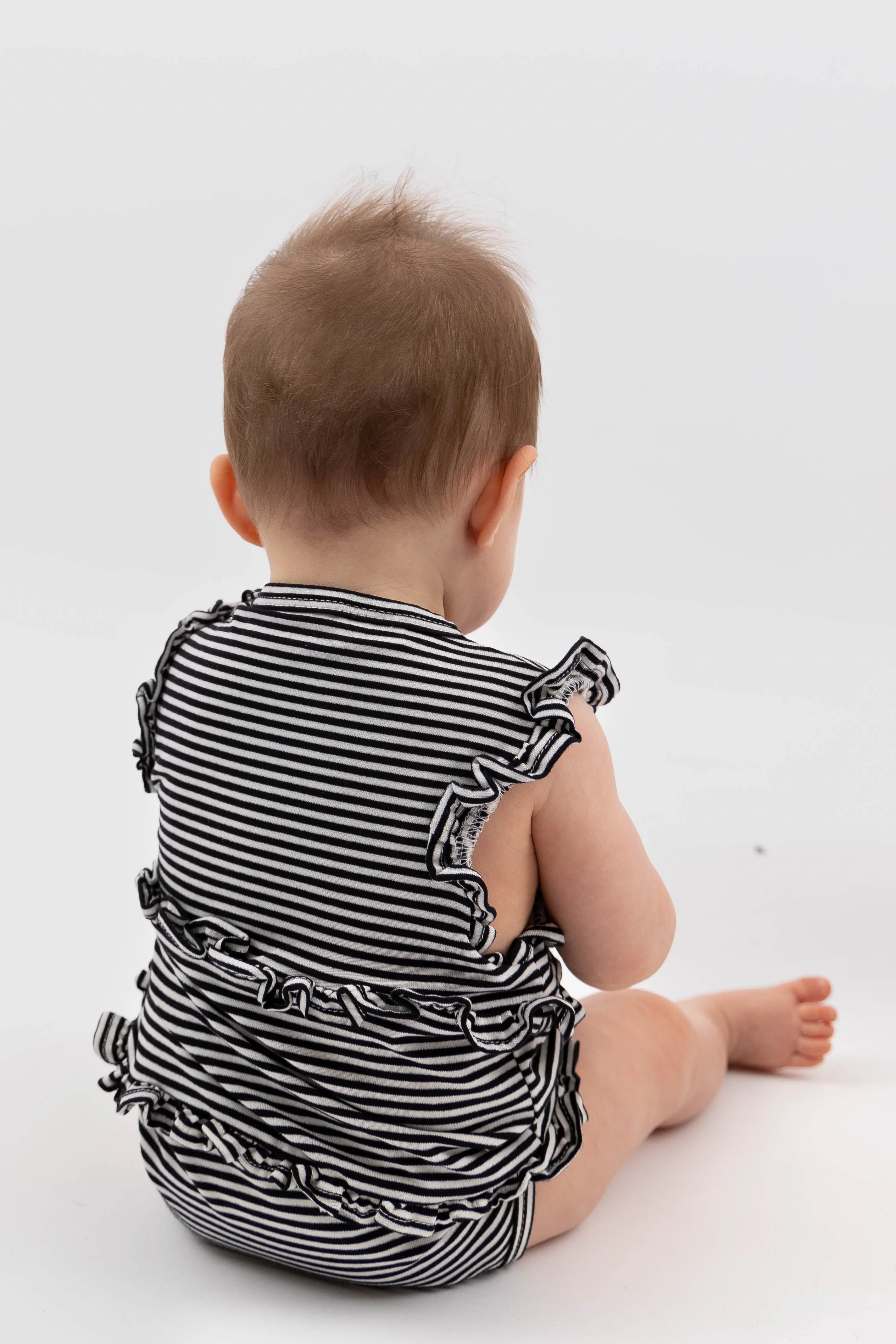 Nellie Frill Romper - Black & White Pin Stripe