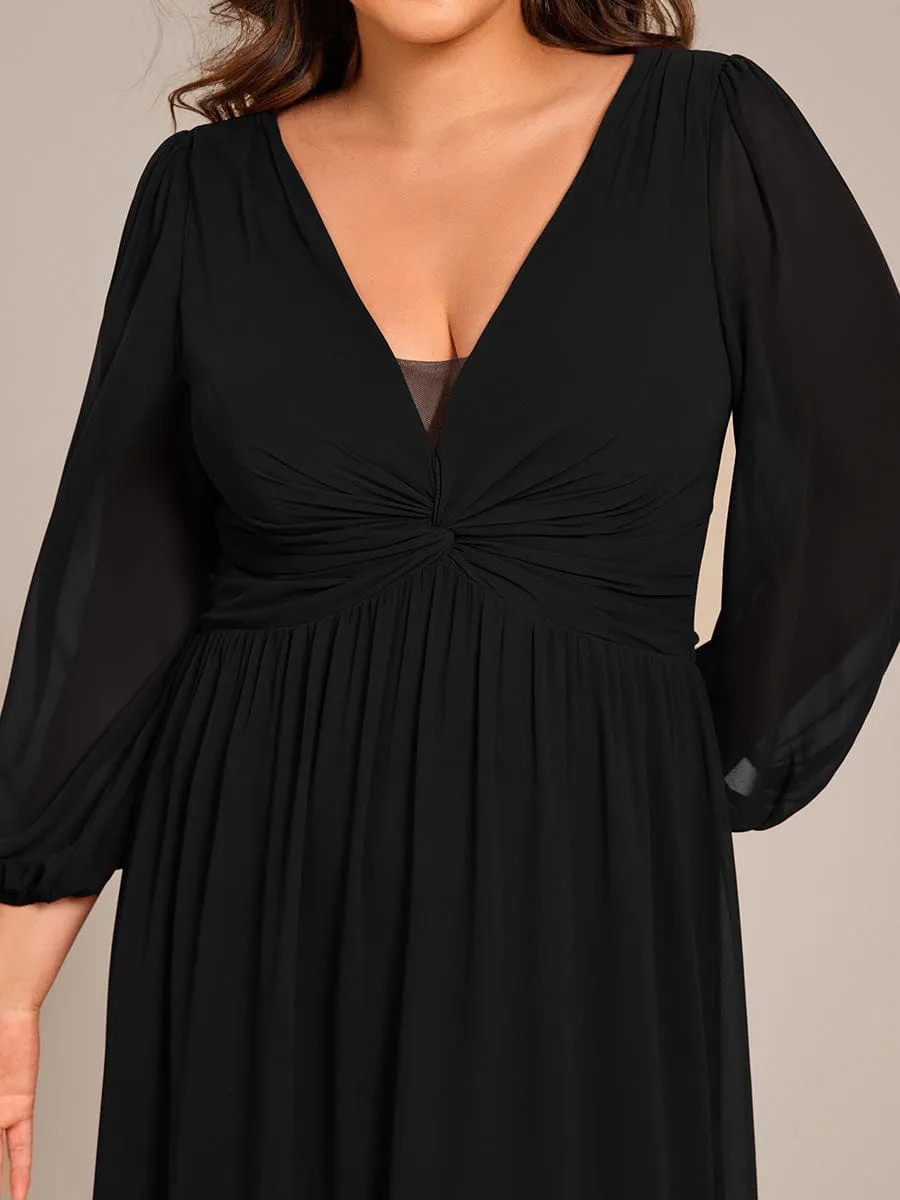 Plus Size A-Line Pleated Long Lantern Sleeves Chiffon Formal Evening Dress