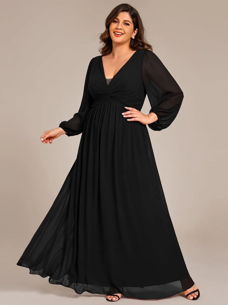 Plus Size A-Line Pleated Long Lantern Sleeves Chiffon Formal Evening Dress