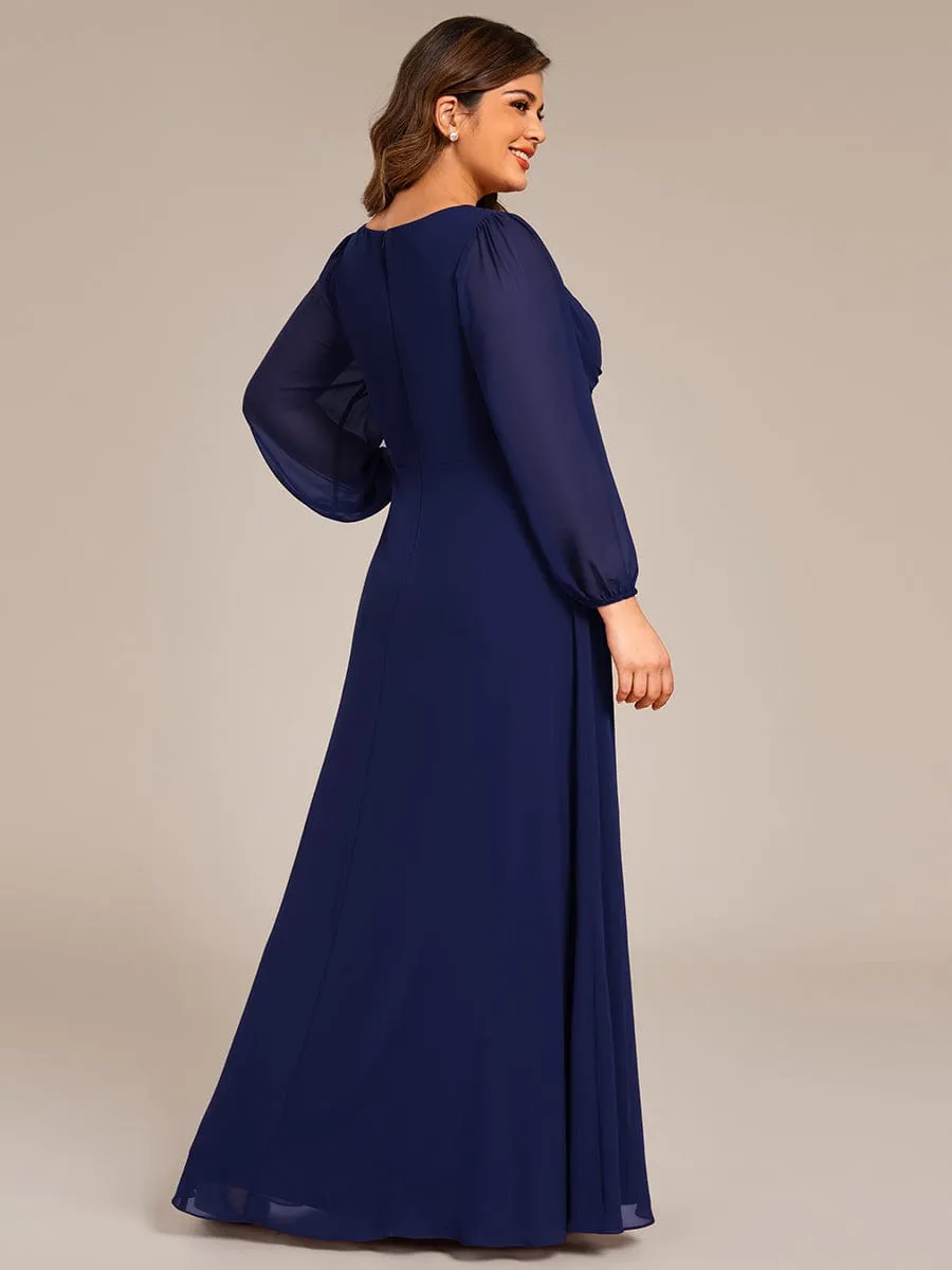 Plus Size A-Line Pleated Long Lantern Sleeves Chiffon Formal Evening Dress