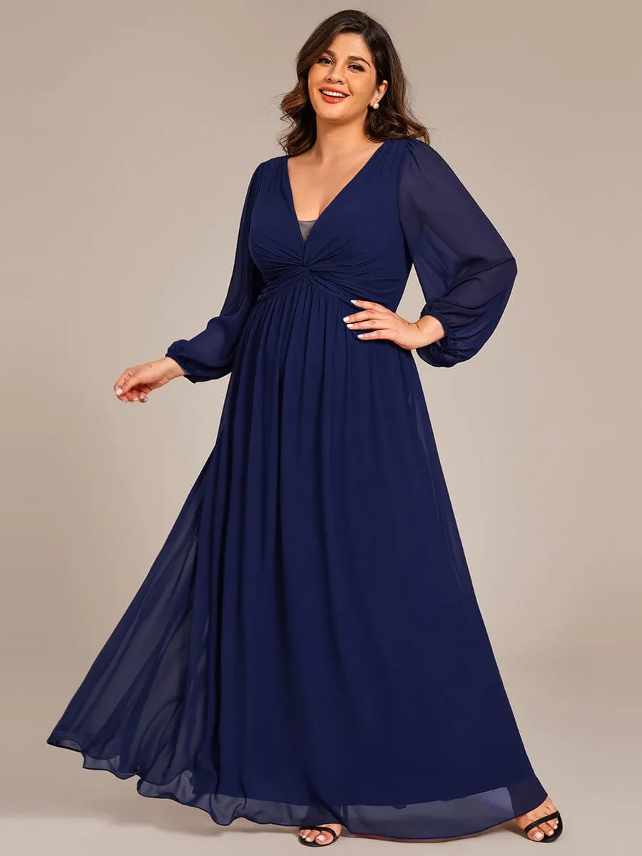 Plus Size A-Line Pleated Long Lantern Sleeves Chiffon Formal Evening Dress