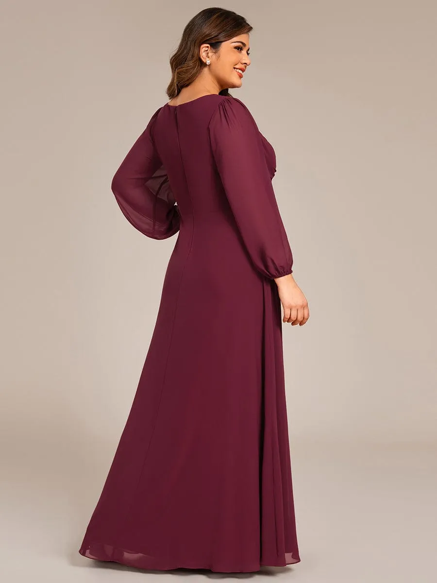 Plus Size A-Line Pleated Long Lantern Sleeves Chiffon Formal Evening Dress