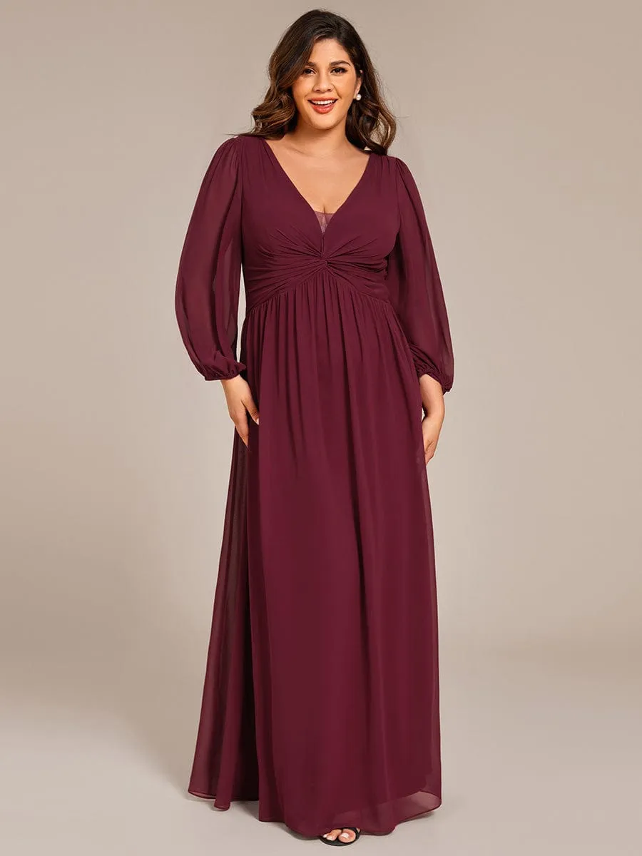 Plus Size A-Line Pleated Long Lantern Sleeves Chiffon Formal Evening Dress