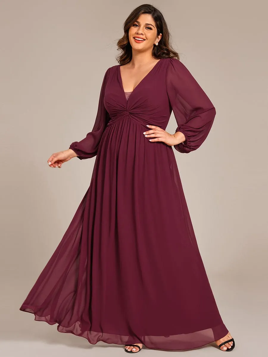 Plus Size A-Line Pleated Long Lantern Sleeves Chiffon Formal Evening Dress