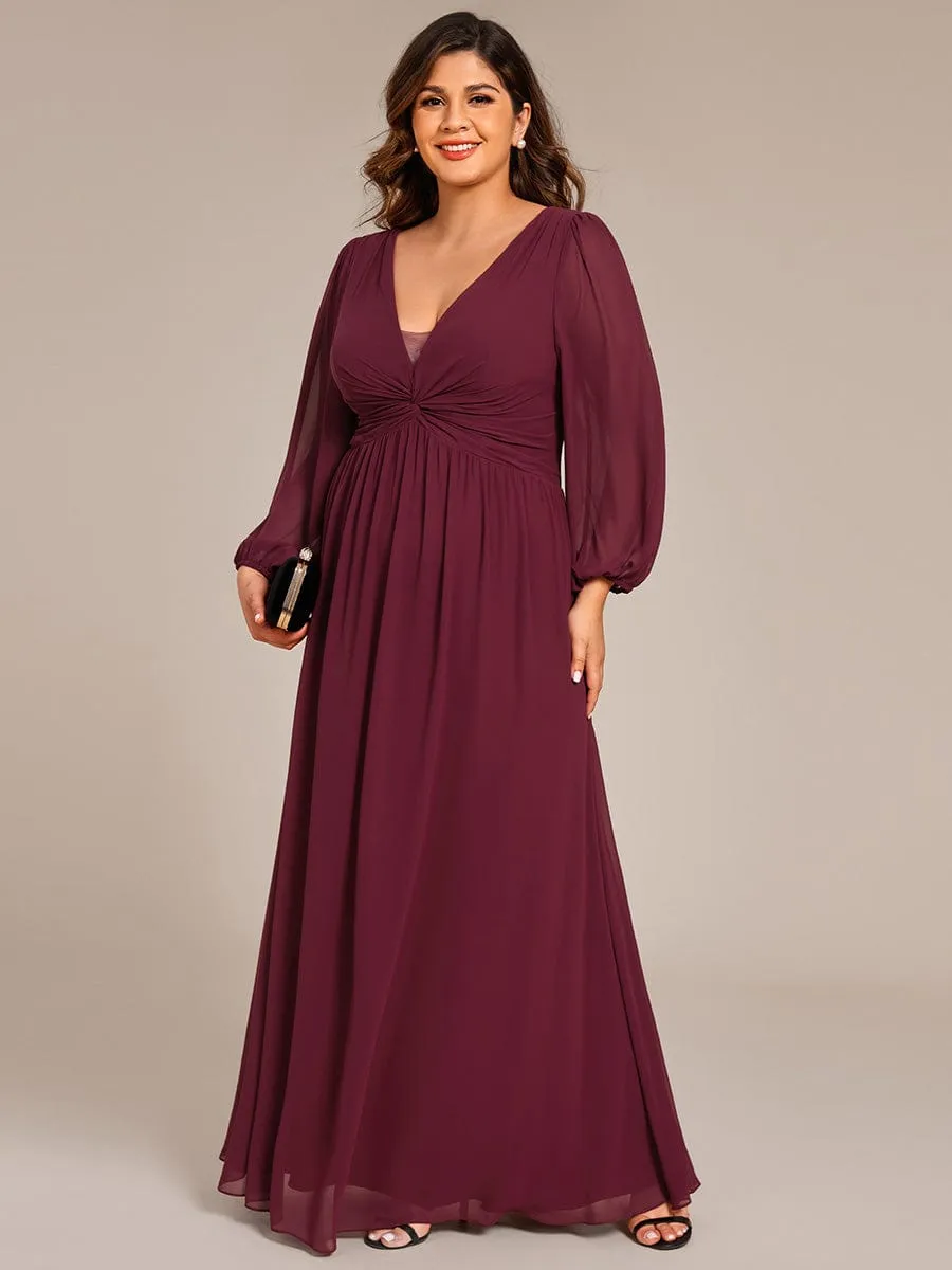 Plus Size A-Line Pleated Long Lantern Sleeves Chiffon Formal Evening Dress