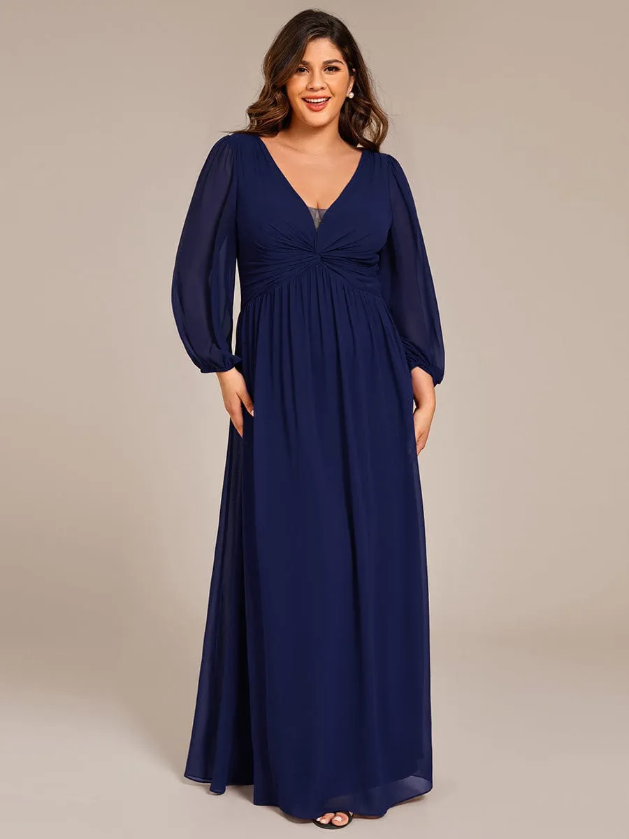 Plus Size A-Line Pleated Long Lantern Sleeves Chiffon Formal Evening Dress