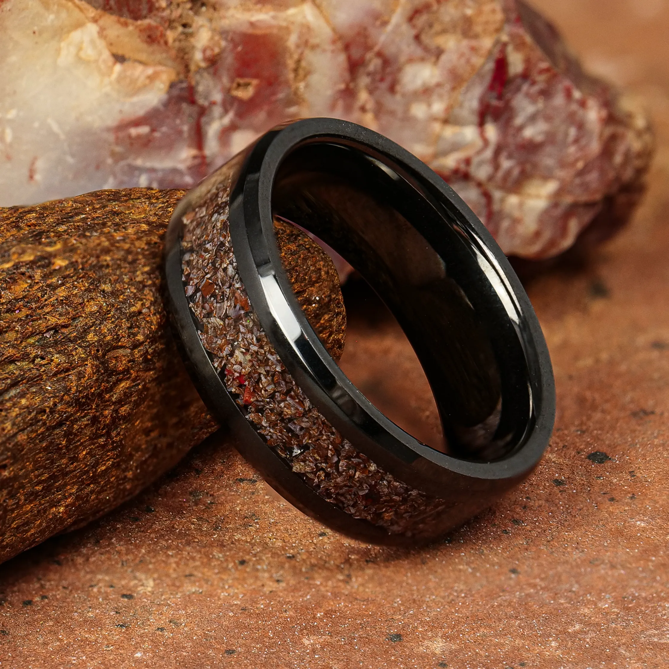 Prehistoric Dinosaur Bone Glowstone Ring on Black Ceramic