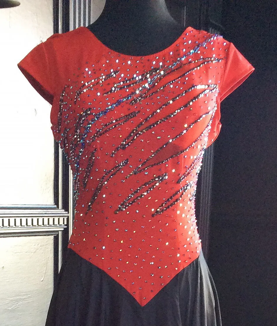 Red and Black Fire Ballroom Dress with Satin Skirt and Red Ostrich Boa On Hem Smo104 SZ M